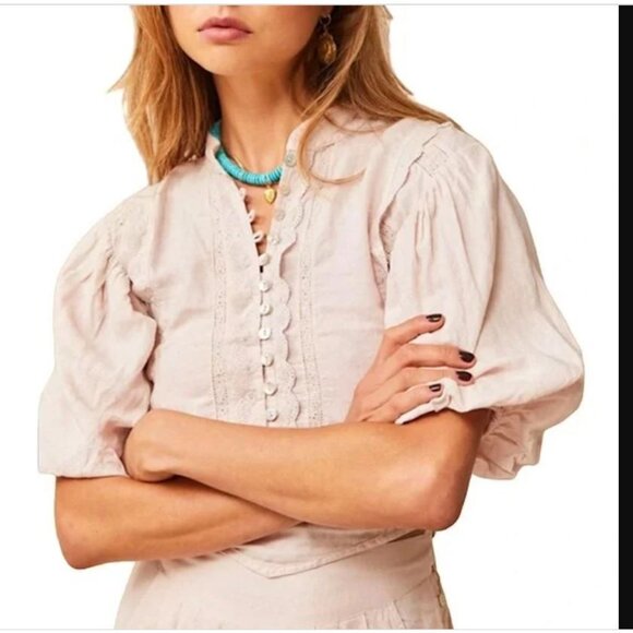 Kinga Csilla X Free People Pale Rasberry Georgia Blouse Size XS NWT Hemp Linen - Picture 3 of 7